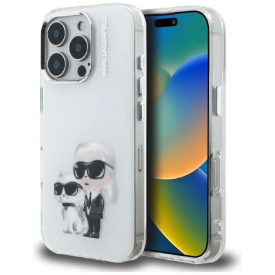 Karl Lagerfeld IML Aquarelle Karl & Choupette & Logo Hülle für iPhone 16 Pro Max - Weiß