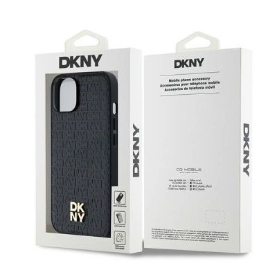 8. DKNY MagSafe-Hülle aus Leder mit Monogrammmuster und Metalllogo für iPhone 15/14/13 – Schwarz