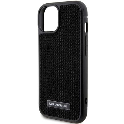 6. Karl Lagerfeld Rhinestone Logo Metal Plate Hülle für iPhone 15 – Schwarz
