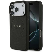 Guess MagSafe Hülle mit genarbtem Goldring für iPhone 18 Pro / 17 Pro – Schwarz