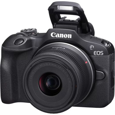 2. Canon EOS R100 spiegellose Systemkamera + RF-S 18-45mm F4.5-6.3 IS STM Objektiv, 24,1 MP, ISO-Empfindlichkeit (max.) 12800, Displaydiagonale 3,0 Zoll, WLAN-Netzwerk: Automatisch/Manuell, CMOS-Sensor, Schwarz