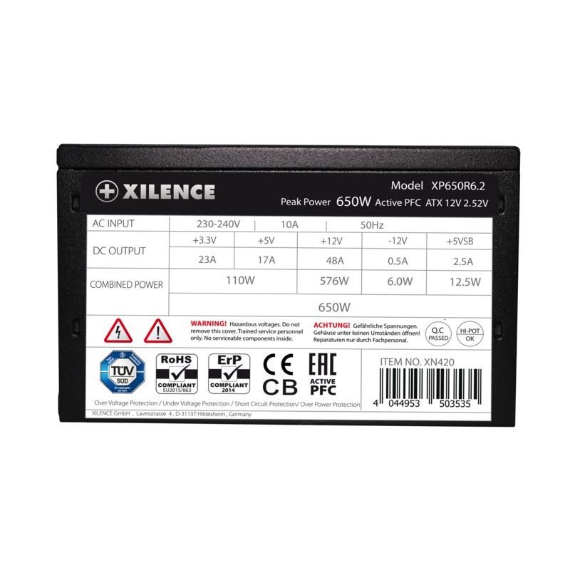6. Xilence XN420 Netzteil – 650 W – 220–240 V – 50 Hz – 10 A – Aktiv – 576 W