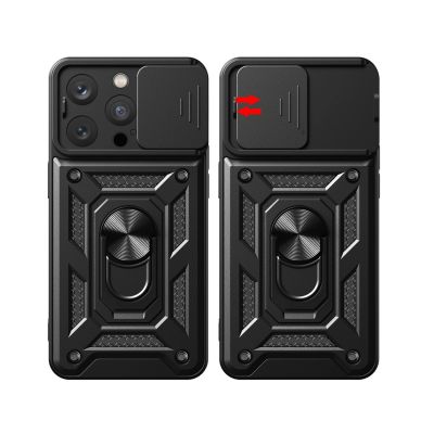 6. Hybrid Armor Camshield iPhone 15 Pro Hülle mit Ständer und Kameraabdeckung – Blau