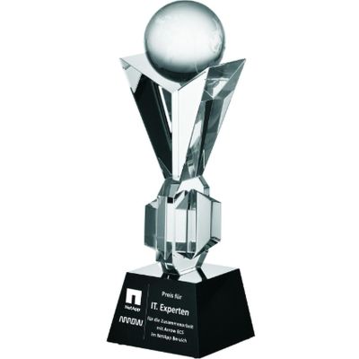 4. Gravierte Glastrophäe mit Vitrine + Farbfüllung