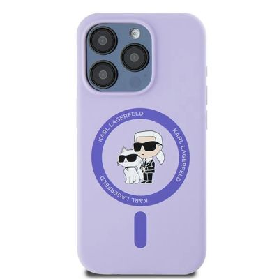 3. Karl Lagerfeld Silikon Karl&Choupette Heads Ring MagSafe Hülle für iPhone 15 Pro – Lila