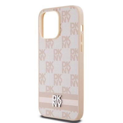 6. DKNY Lederhülle mit kariertem Monomuster und bedruckten Streifen für iPhone 14 Pro Max – Rosa