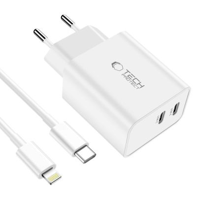 3. Tech-Protect C35W 2x USB-C PD 35W Netzwerkladegerät mit USB-C/ Lightning Kabel – Weiß
