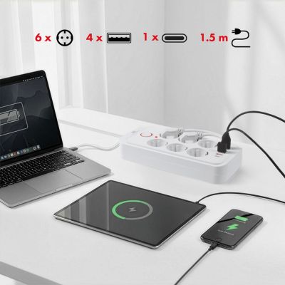 8. MACLEAN Steckdosenleiste, Verlängerungskabel mit 6 Steckdosen + 4 USB-Anschlüssen, 110–240 V Wechselstrom, 50/60 Hz, max. 2,1 A, 2500 W, 1,5 m, Weiß, MCE389W