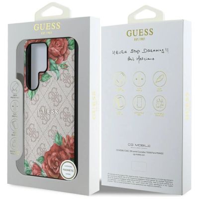 8. Guess Leather 4G Flowers Print Metal Classic Logo MagSafe Hülle für Samsung Galaxy S25 Ultra - Rosa