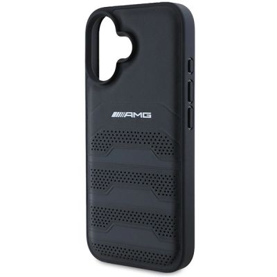 6. AMG Lederhülle mit geprägten Linien und schwarzem Logo für iPhone 16 - schwarz