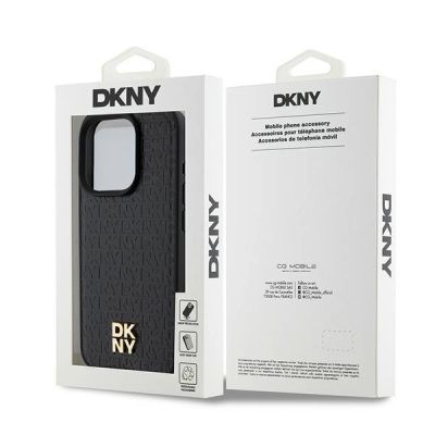 8. DKNY MagSafe-Hülle aus Leder mit Monogrammmuster und Metalllogo für iPhone 15 Pro – Schwarz