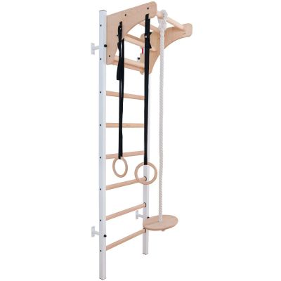 13. Turnwandbarren aus Holz und Metall mit Holzstange und Zubehörbank K 211W A204