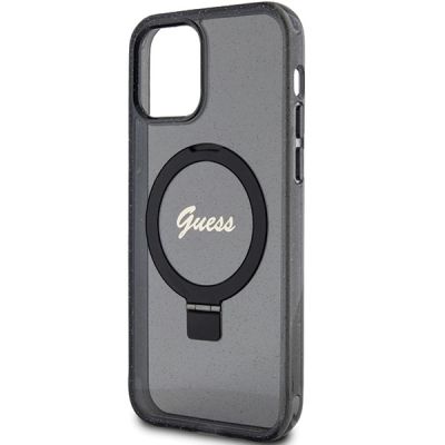 6. Guess Ring Stand Script Glitter MagSafe-Hülle für iPhone 12/12 Pro – Schwarz