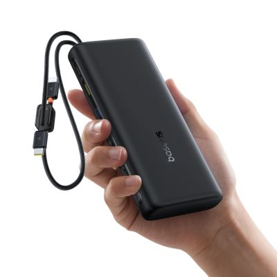 3. Baseus EnerFill FC41 20000mAh 100W Powerbank mit Digitalanzeige und integriertem Dual-USB-C-Kabel – Schwarz