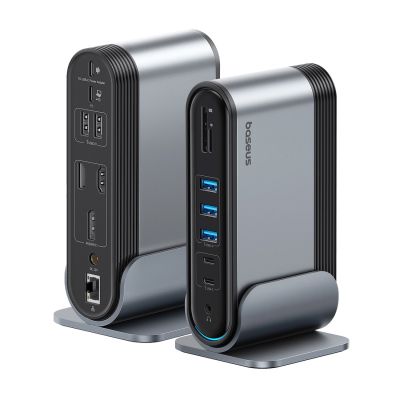 11. Baseus UnionJoy USB-C Dockingstation (2x HDMI 4K@60Hz, 1x DisplayPort 4K@60Hz, 3x USB-A 3.0, 2x USB-C 3.0, 2x USB-A 2.0, 1x RJ45 PD PC, 1x SD+TF, 1x 3,5-mm-Klinkenanschluss) – Grau
