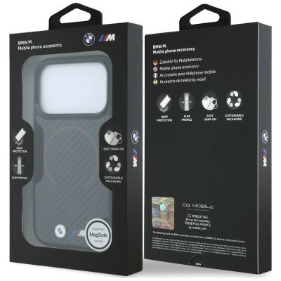 8. BMW M Kevlar MagSafe Hülle mit rotem Printring und Metalllogo für iPhone 18 Pro Max / 17 Pro Max – Schwarz
