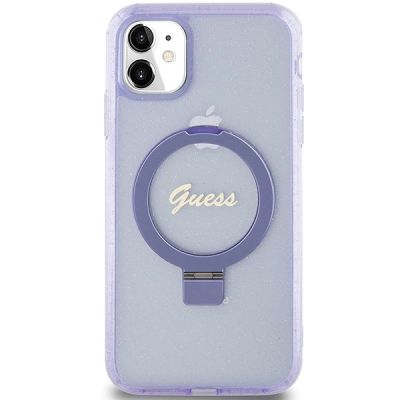3. Guess Ring Stand Script Glitter MagSafe-Hülle für iPhone 11 / Xr – Lila