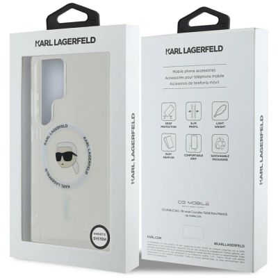 8. Karl Lagerfeld Button Karl Head gedrucktes Logo MagSafe Samsung Galaxy S25 Ultra Hülle weiß