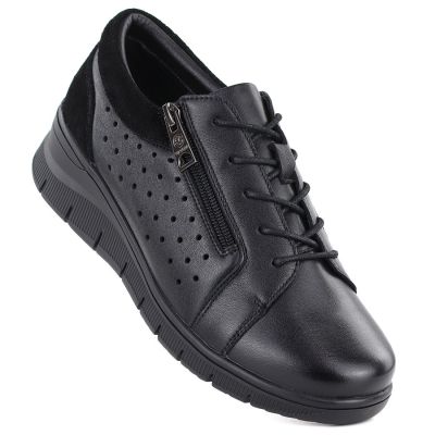 Schwarze Damen-Keilschuhe aus Leder mit durchbrochenem Muster, Vinceza 39977