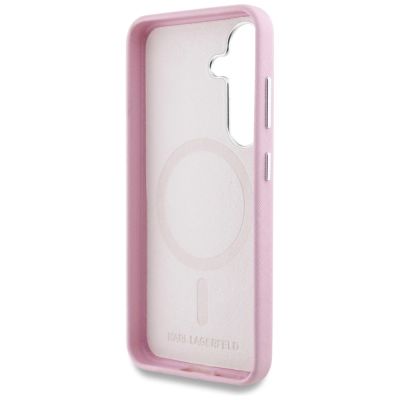 7. Karl Lagerfeld Saffiano Vollumwickelte MagSafe Hülle mit länglichem Metalllogo für Samsung Galaxy S25 - Rosa