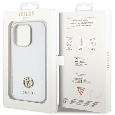 8. Guess Strass Metal Logo Hülle für iPhone 15 Pro – Silber