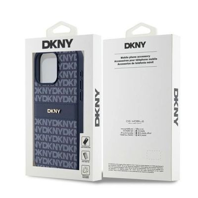 8. DKNY Lederhülle mit Monostreifen und Metalllogo für iPhone 15 Pro Max – Blau