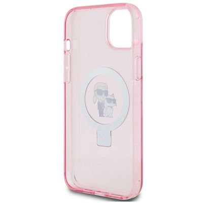 7. Karl Lagerfeld Ring Stand Karl&Choupette MagSafe Hülle für iPhone 15 Plus – Rosa