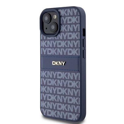 2. DKNY Lederhülle mit Monostreifen und Metalllogo für iPhone 15 / 14 / 13 – Blau