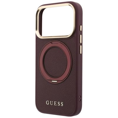 6. Guess Ring Stand 360 Grained Classic Logo MagSafe Hülle für iPhone 18 Pro Max / 17 Pro Max - Burgunderrot