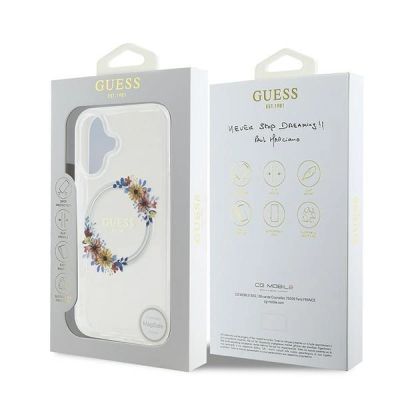 8. Guess IML Blumenkranz MagSafe Hülle für iPhone 16 Plus – Transparent