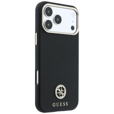 4. Guess MagSafe Hülle mit genarbtem, rundem Strass-Logo für iPhone 18 Pro Max / 17 Pro Max – Schwarz