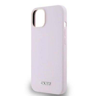 6. DKNY Flüssigsilikon-MagSafe-Hülle mit kleinem Metalllogo für iPhone 14/15/13 – Rosa