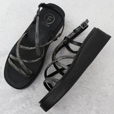 6. Damen-Keilsandalen im römischen Stil mit Zirkonia, schwarz, Filippo DS6898