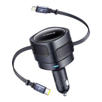 Baseus Enjoyment Max 60W Autoladegerät mit einziehbaren USB-C- und Lightning Kabeln – Schwarz