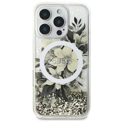 3. Guess Liquid Glitter Flower MagSafe Hülle für iPhone 16 Pro – Beige