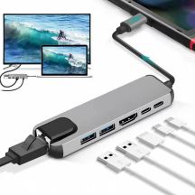 GEMBIRD MULTI-ADAPTER USB TYP-C 5IN1 (USB AF UND TYP-C HUB + HDMI + PD + LAN) GRAU