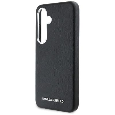 6. Karl Lagerfeld Saffiano Vollumwickelte MagSafe Hülle mit länglichem Metalllogo für Samsung Galaxy S25+ - Schwarz