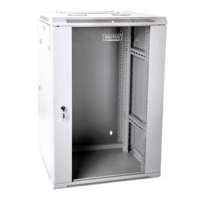 Wandmontierter Netzwerkschrank 19" 18U Rack 600x600, Glastür, grau, unterteilt, montiert, 60 kg