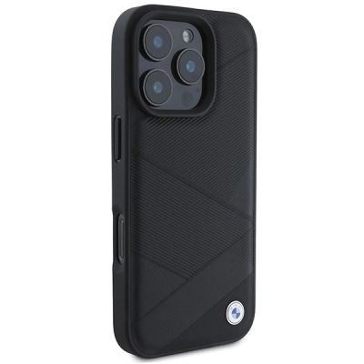 4. BMW Signature Lederhülle mit Crossing Lines Pattern für iPhone 16 Pro – Schwarz