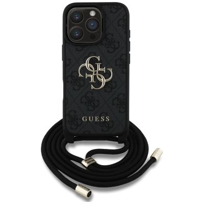 2. Guess 4G Big Logo Cord Stap Crossbody Case für iPhone 16 Pro Schwarz