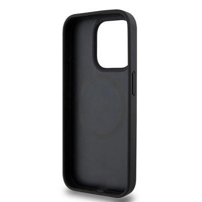7. DKNY MagSafe-Hülle aus Leder mit Monogrammmuster und Metalllogo für iPhone 15 Pro – Schwarz