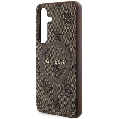 6. Guess 4G Collection Leder Metall Logo MagSafe Hülle für Samsung Galaxy S24 – Braun