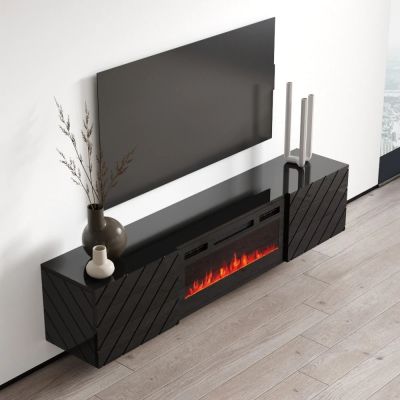 3. TV-Schrank LUXE 182,6 x 34,5 x 37,5 cm, schwarz/glänzend schwarz + schwarzer Kamin