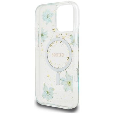 7. Guess Resin Flowers Glitter MagSafe iPhone 16 Pro Hülle - Transparent Grün