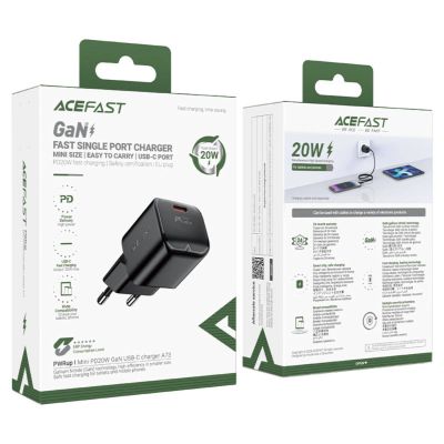 6. Acefast A73 Mini PD 20W GaN USB-C Wandladegerät – Schwarz