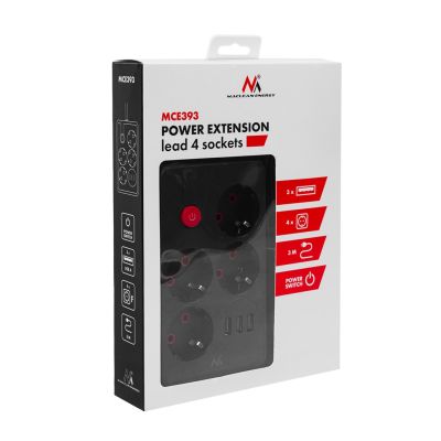 3. MACLEAN Steckdosenleiste, Verlängerungskabel mit 4 Steckdosen + 3 USB-Anschlüssen, 110–240 V Wechselstrom, 50/60 Hz, max. 2,1 A, 2500 W, 3 m, Schwarz, MCE393 B