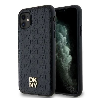 DKNY MagSafe-Hülle aus Leder mit Monogrammmuster und Metalllogo für iPhone 11 / Xr – Schwarz
