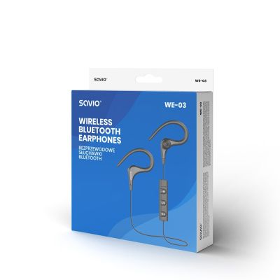 4. Kabelloser Kopfhörer mit Mikrofon, SAVIO WE-03 Kopfhörer (In-Ear, Sport; kabellos, Bluetooth; mit integriertem Mikrofon; schwarz)