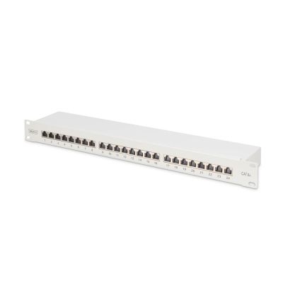 8. Digitus Patchpanel 19 Zoll, 24x RJ45, LSA-Level, Cat. 6A, geschirmt, 1 HE, grau, Kabelführung