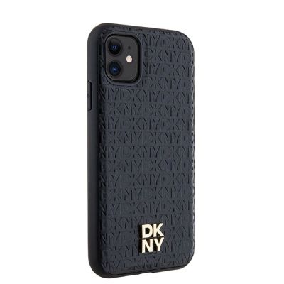 4. DKNY MagSafe-Hülle aus Leder mit Monogrammmuster und Metalllogo für iPhone 11 / Xr – Schwarz